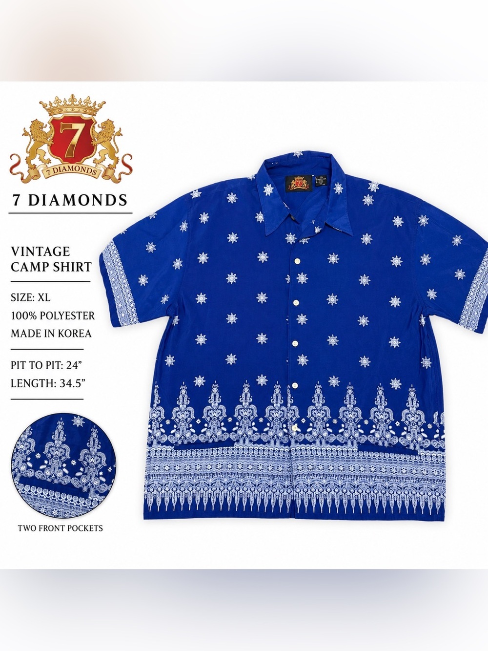 Vintage 7 Diamonds Camp Shirt XL Blue Border Print Y2K